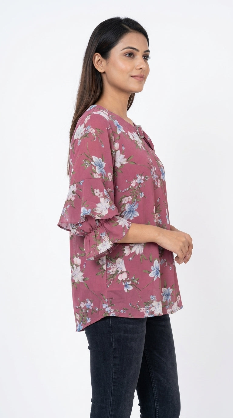 Wine Floral Printed Ruffled Sleeve Top