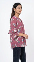 Wine Floral Printed Ruffled Sleeve Top