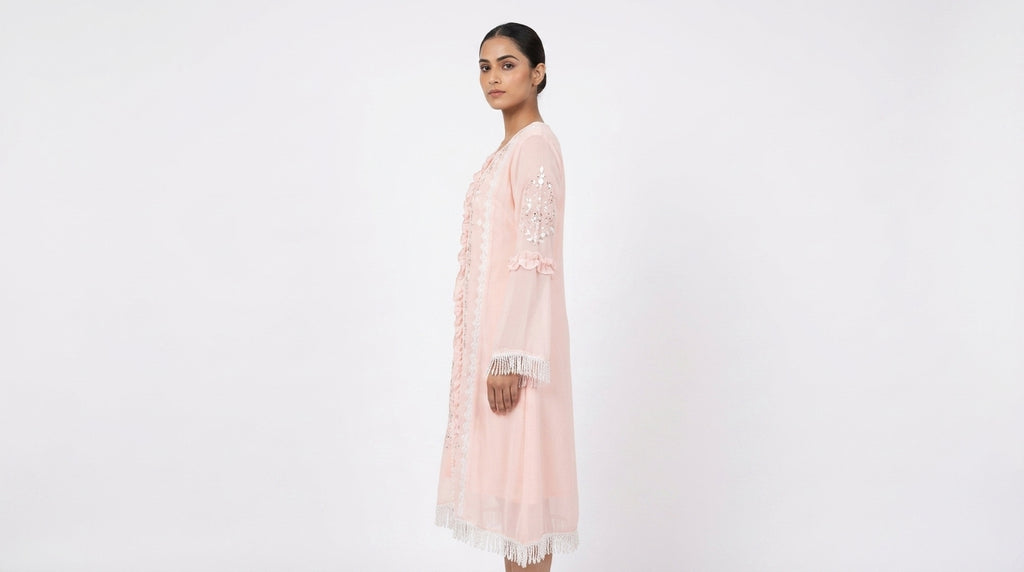Embellished Peach Kurti with Fringe Detailing