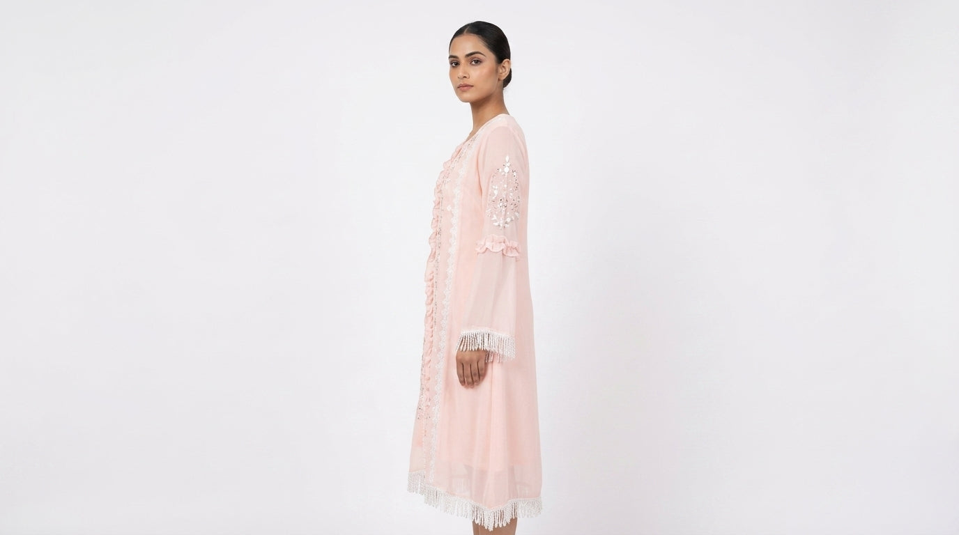 Embellished Peach Kurti with Fringe Detailing