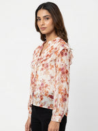 Off White Floral Print Ruffled V-Neck Blouse