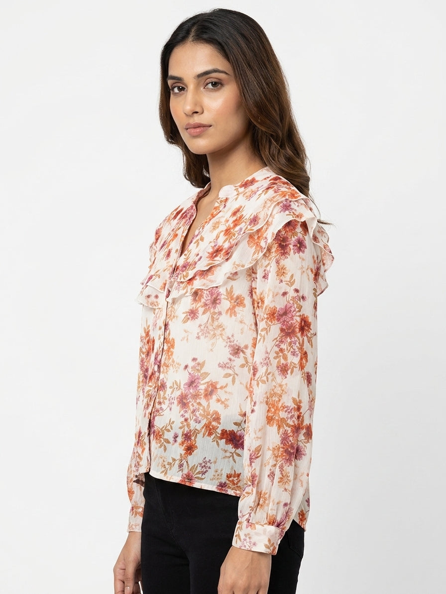 Off White Floral Print Ruffled V-Neck Blouse