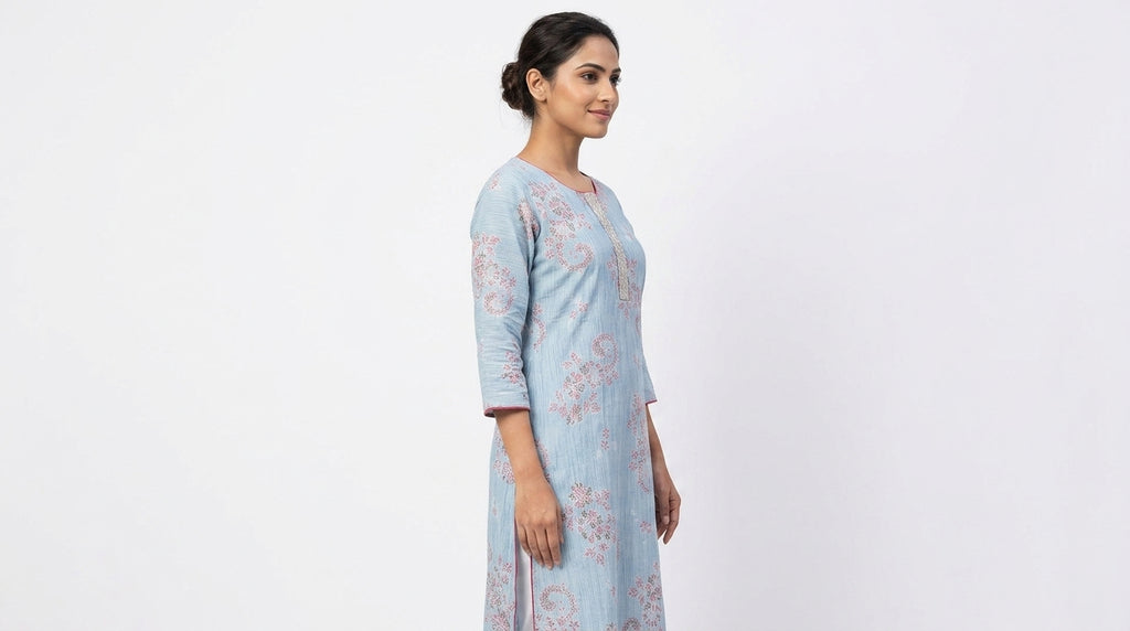 Light Blue Ethnic Print Cotton Kurti