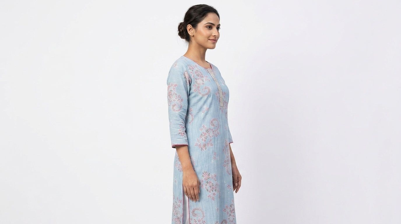 Light Blue Ethnic Print Cotton Kurti
