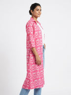 Women's Pink Ethnic Print Open Front Long Shrug