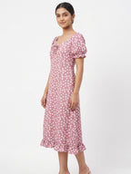 Mauve Floral Print Sweetheart Neck Puff Sleeve Dress