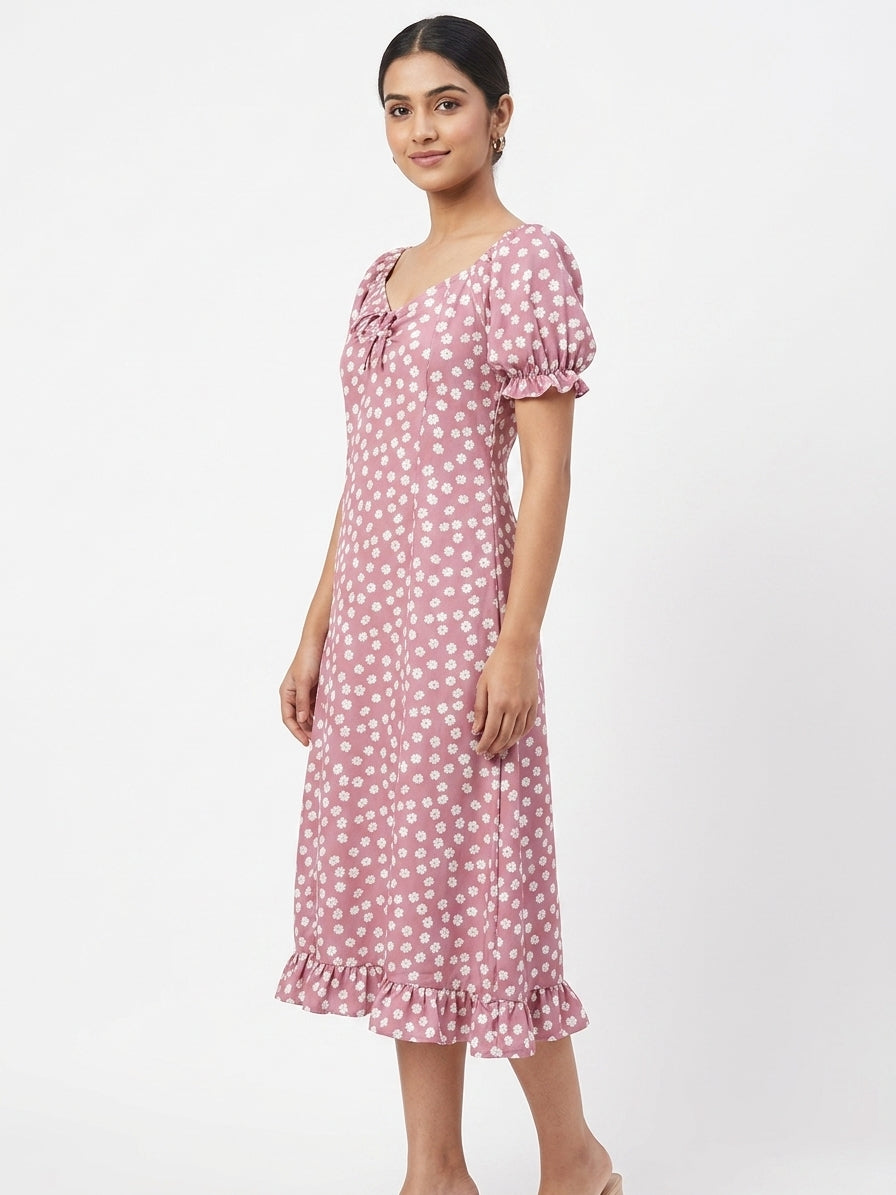Mauve Floral Print Sweetheart Neck Puff Sleeve Dress