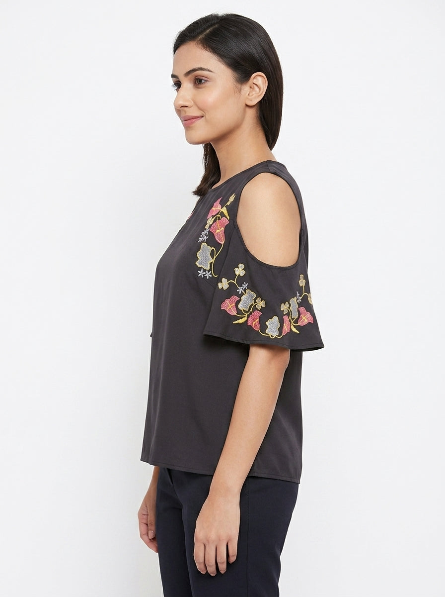 Women's Charcoal Floral Embroidered Cold Shoulder Top