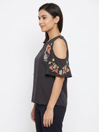 Women's Charcoal Floral Embroidered Cold Shoulder Top
