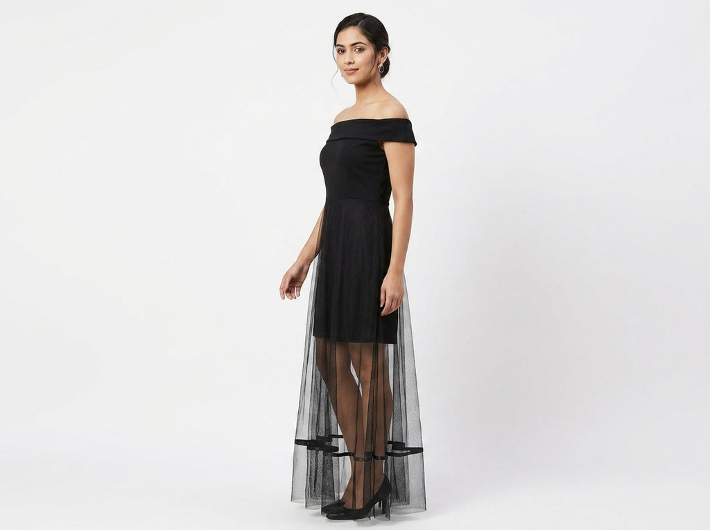 Black Off-Shoulder Net Overlay Party Dress