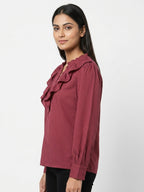 Women's Wine Self Design Ruffled Long Sleeve Blouse