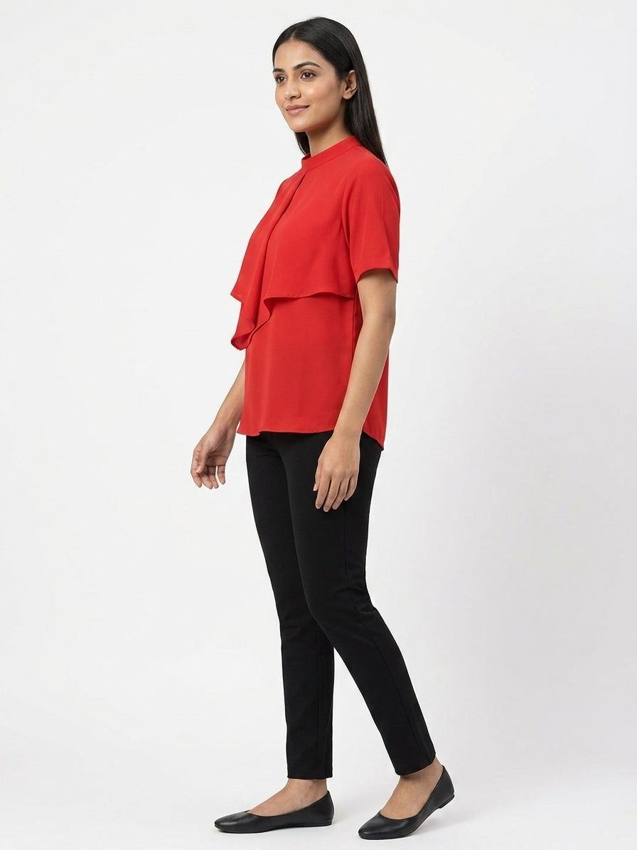 Women's Red Solid Draped Neck Top