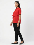 Women's Red Solid Draped Neck Top
