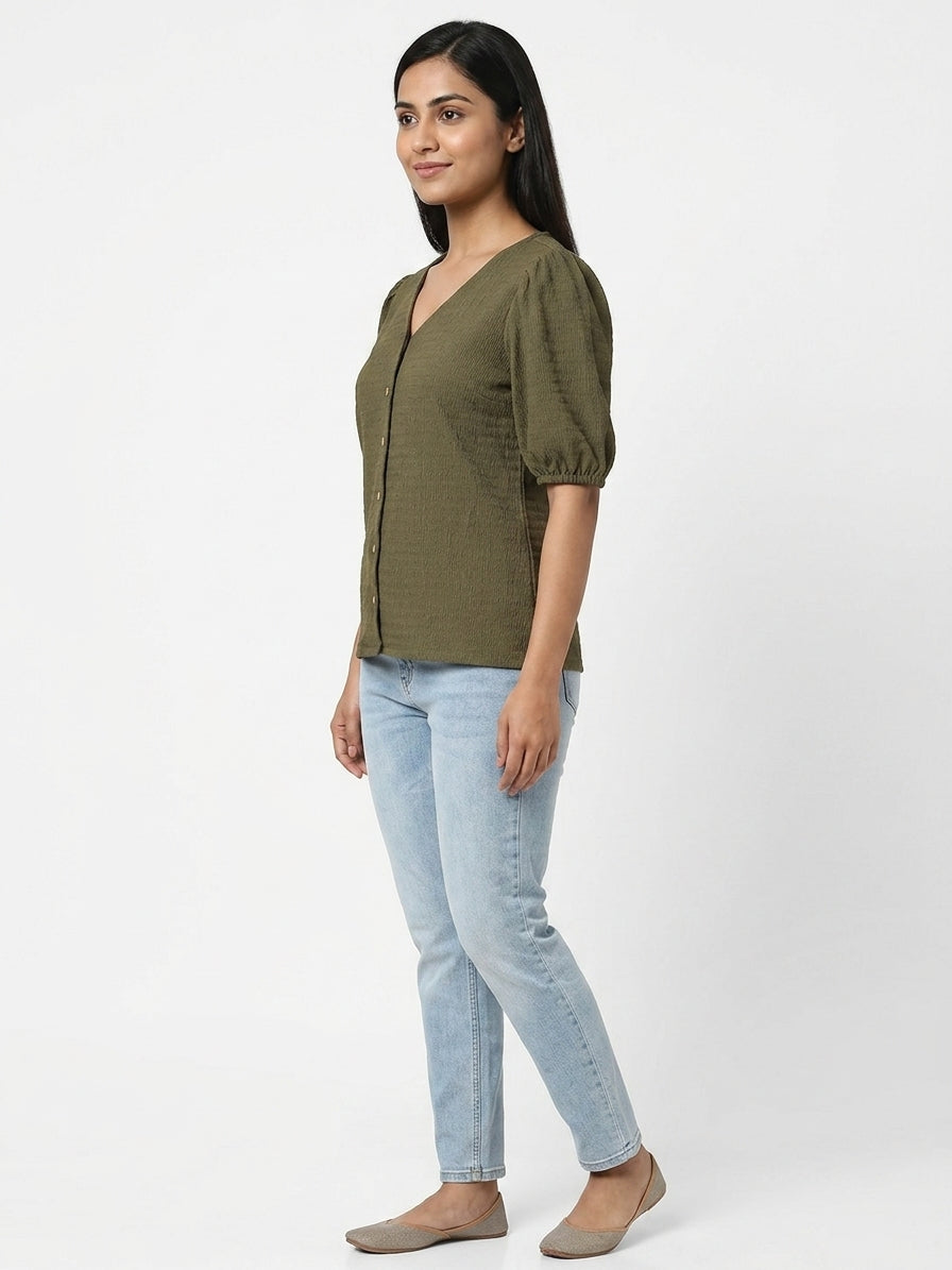 Women's Dark Olive Solid Textured V-Neck Button-Down Top