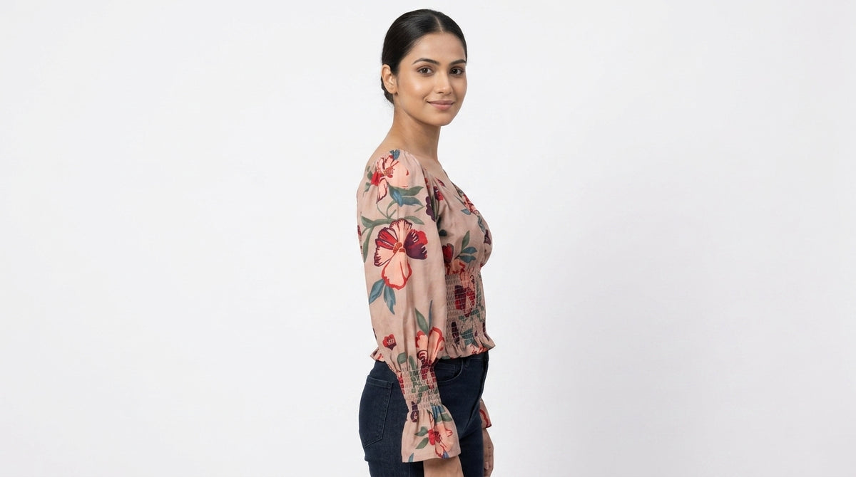 Women's Beige Floral Print Off-Shoulder Smocked Top