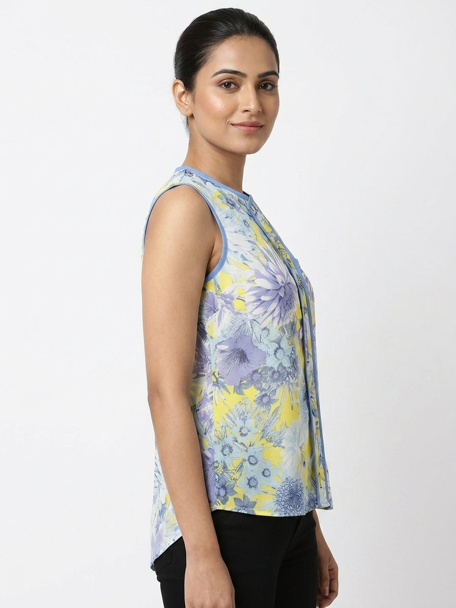 Multi Floral Printed Sleeveless Top with Blue Trim