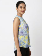 Multi Floral Printed Sleeveless Top with Blue Trim