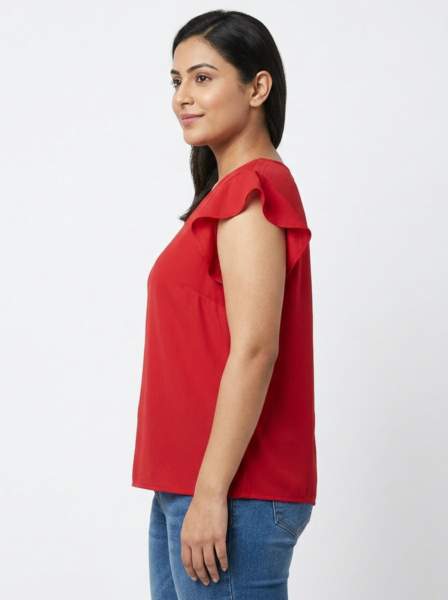 Women's Red Solid V-Neck Flutter Sleeve Top