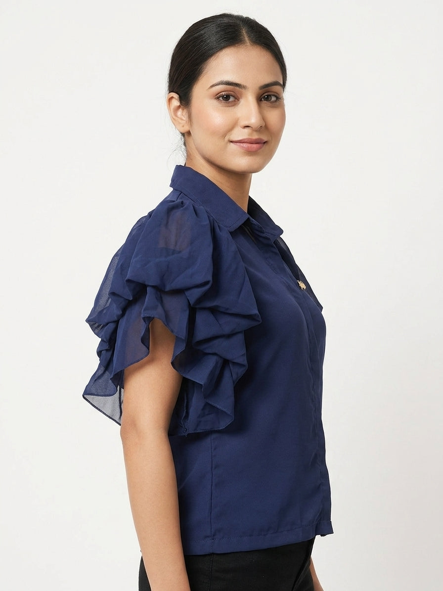 Dark Blue Solid Ruffled Sleeve Collared Top