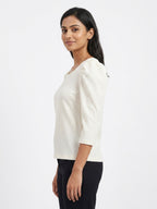 Women's Off White Textured Puffed Sleeve Casual Top