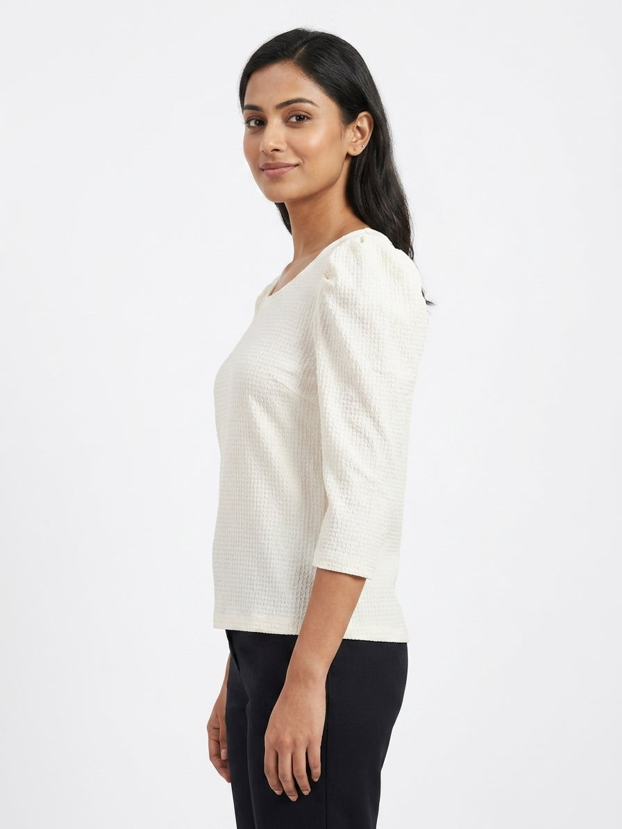 Women's Off White Textured Puffed Sleeve Casual Top