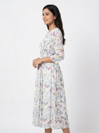 White Floral Print Smocked Flared Dress