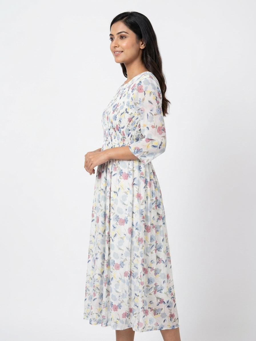 White Floral Print Smocked Flared Dress