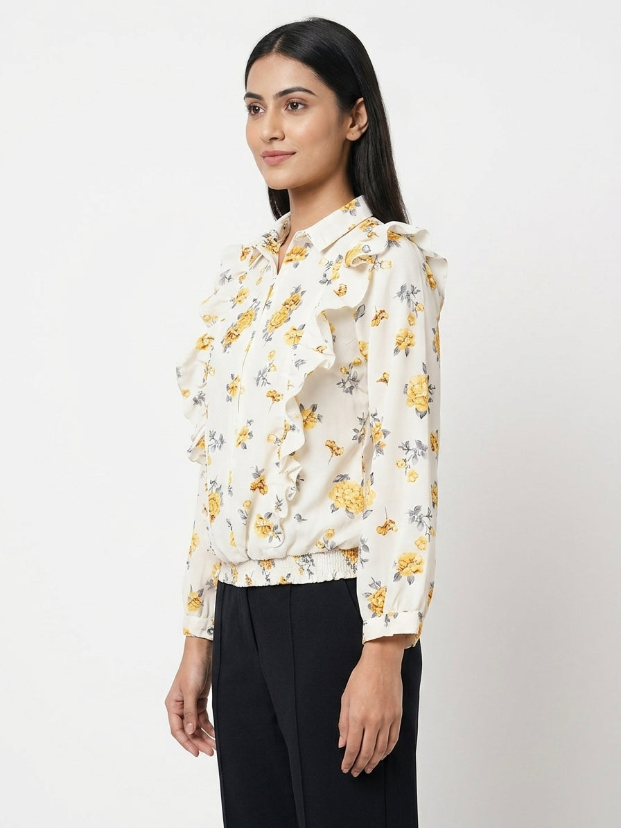 Off White Floral Ruffle Full Sleeve Top