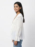 Women's White Solid Tie-Front Shrug