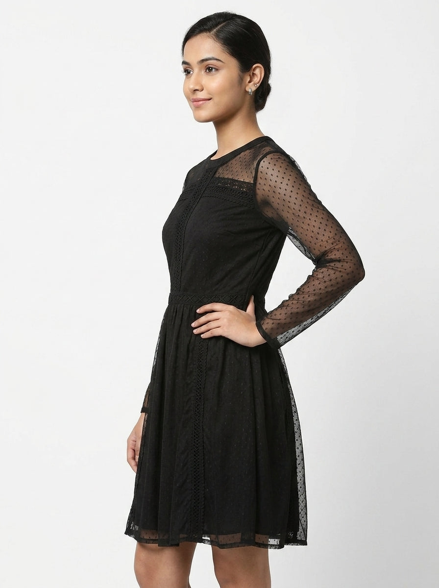 Black Sheer Sleeve Printed Flared Dress