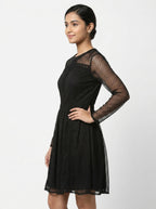 Black Sheer Sleeve Printed Flared Dress