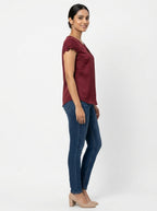 Wine Red Solid Keyhole Neck Scalloped Sleeve Top