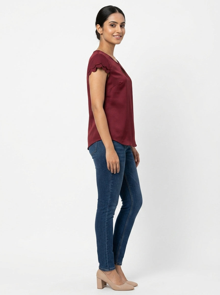 Wine Red Solid Keyhole Neck Scalloped Sleeve Top