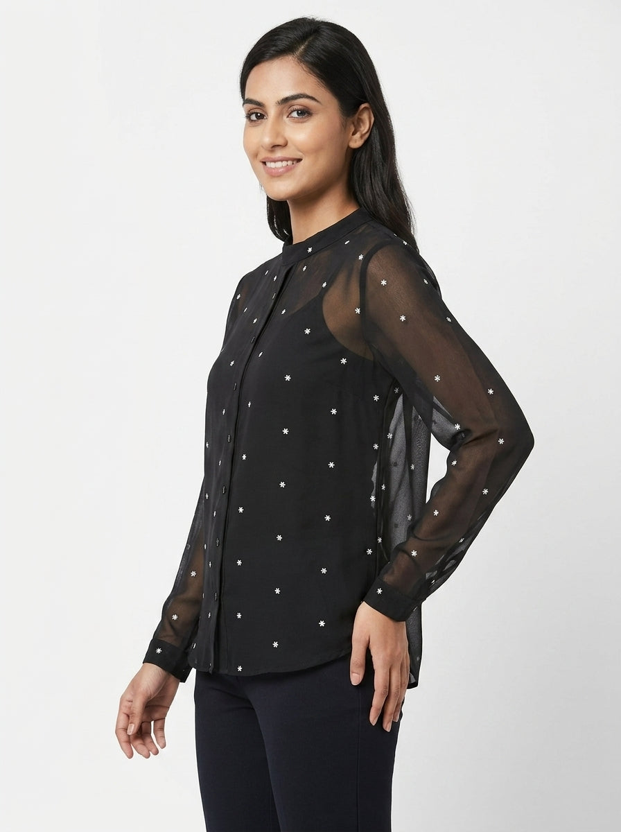 Women's Black Sheer Star Print Long Sleeve Top