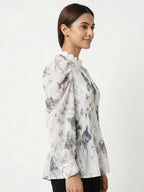 Off White Floral Printed Pleated Top with Bishop Sleeves