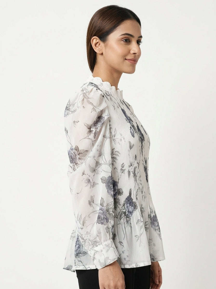 Off White Floral Printed Pleated Top with Bishop Sleeves