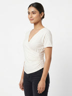 Women's Off White Striped Wrap V-Neck Top