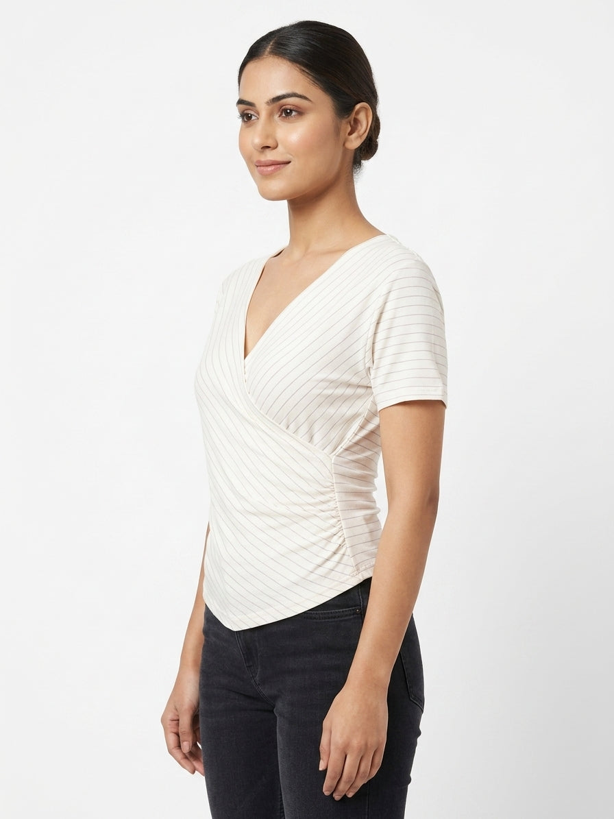 Women's Off White Striped Wrap V-Neck Top