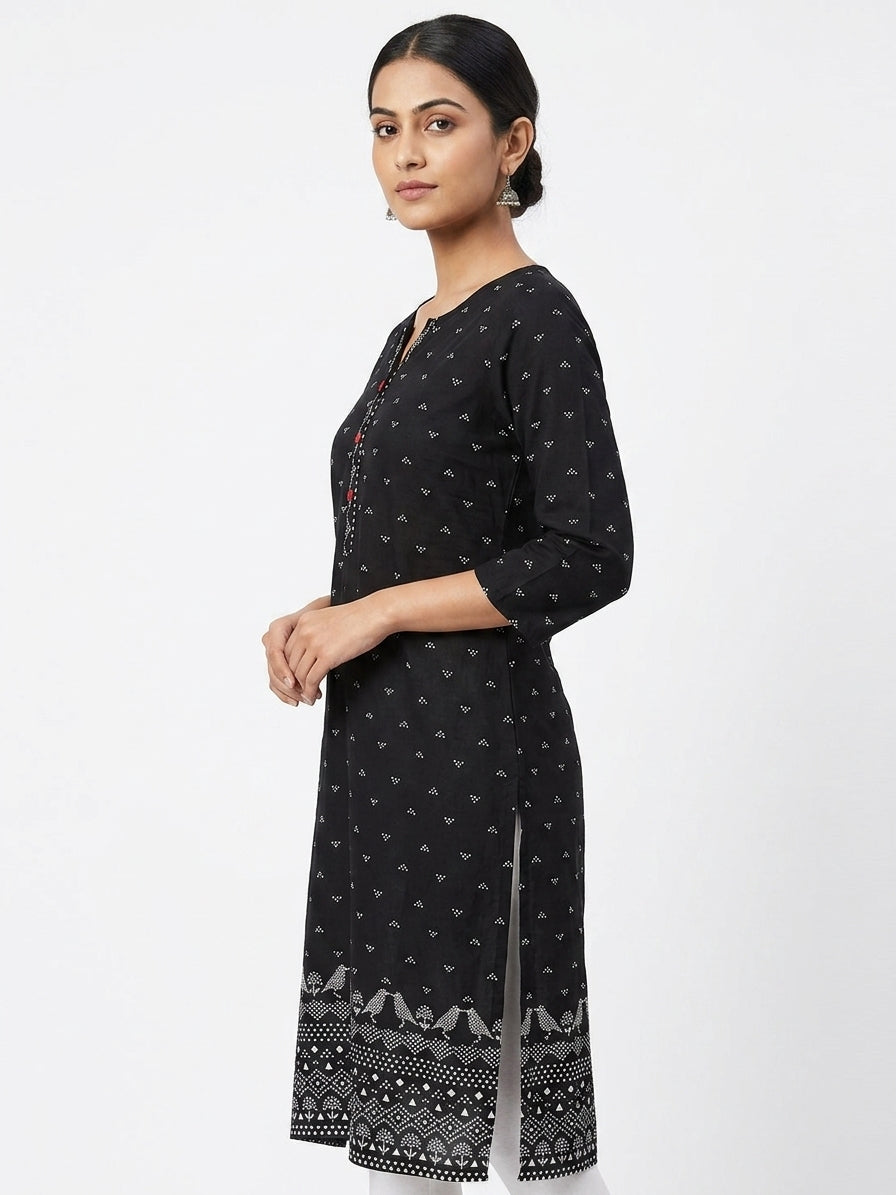 Black Printed Kurti with Ethnic Border Design
