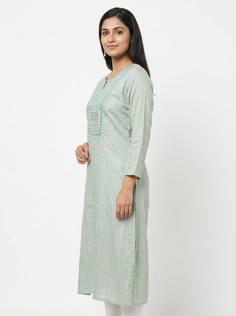 Sea Green Embellished Striped Straight Kurti
