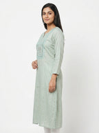 Sea Green Embellished Striped Straight Kurti
