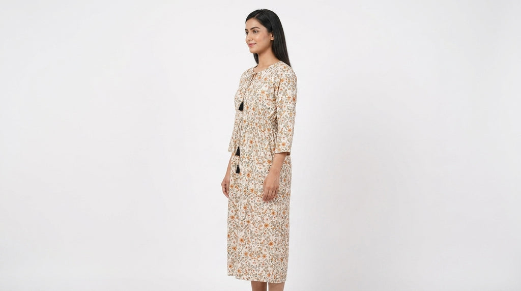 Off White Floral Printed Relaxed Fit Dress
