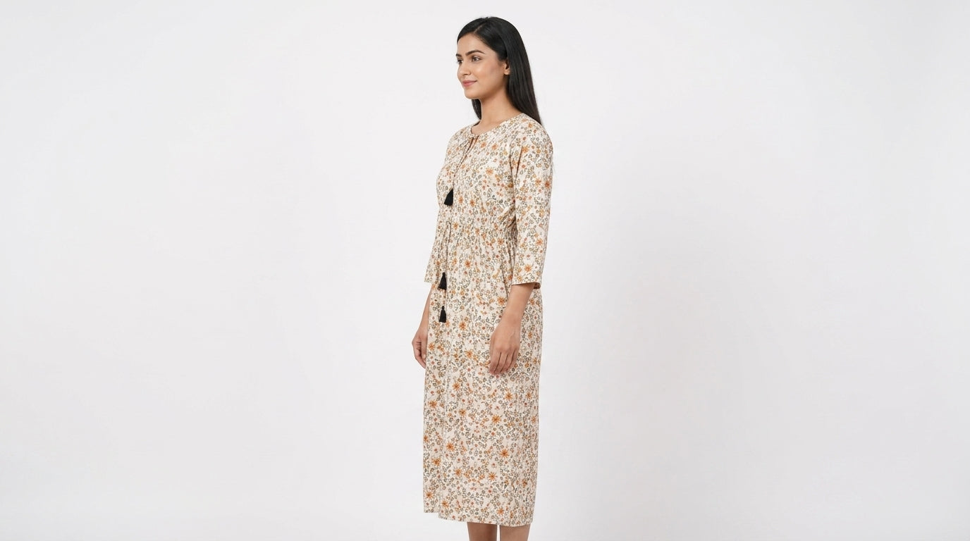 Off White Floral Printed Relaxed Fit Dress