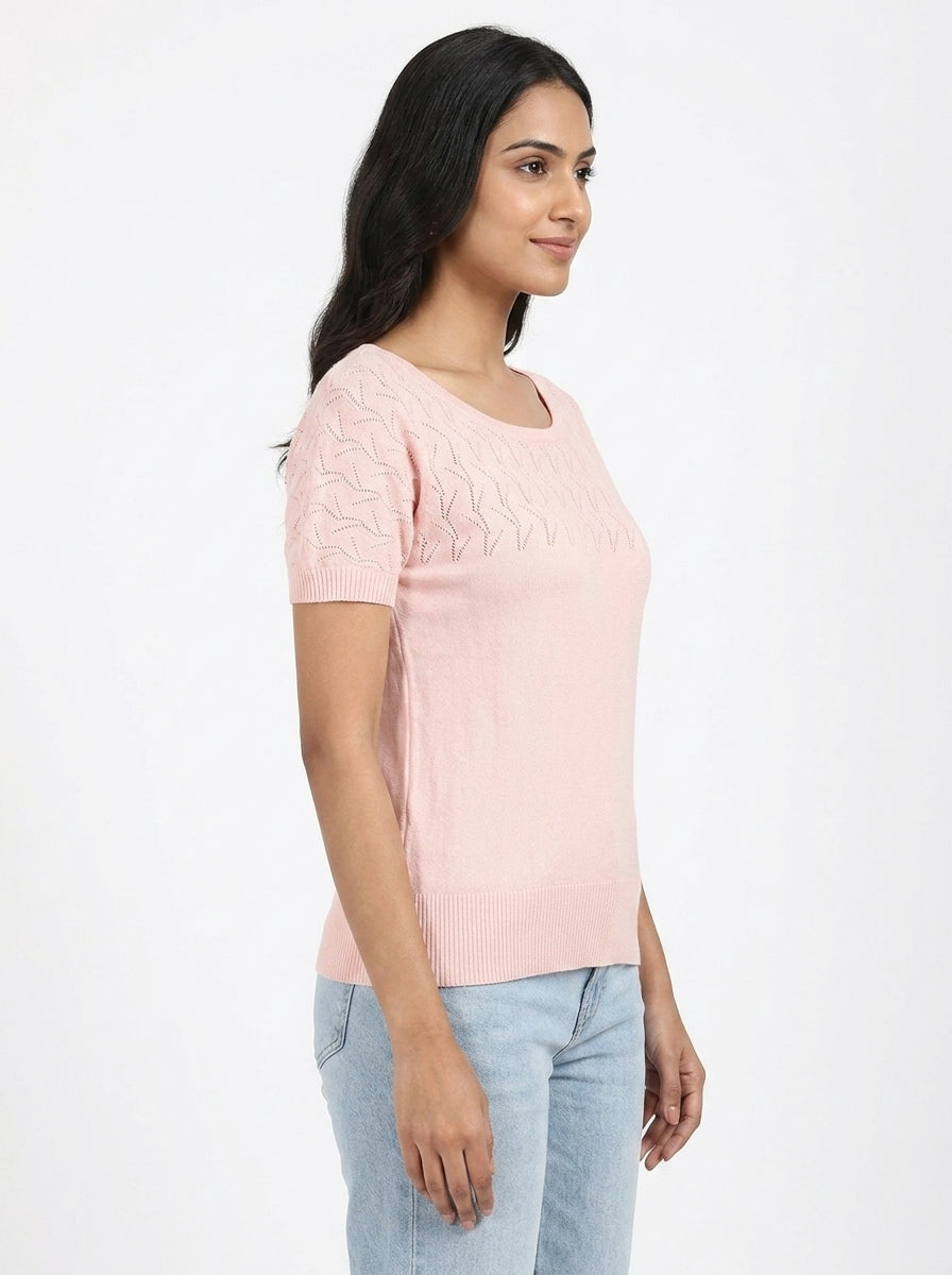 Women's Pink Self-Design Knit Short Sleeve Top