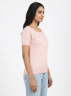 Women's Pink Self-Design Knit Short Sleeve Top