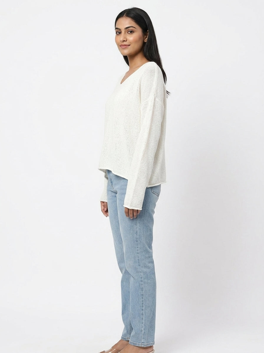 Off White Solid Relaxed Fit Knitted Sweater
