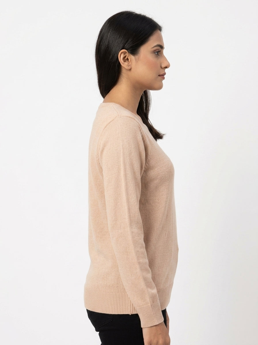 Women's Beige Solid Round Neck Sweater