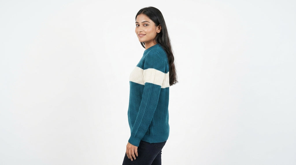 Teal and Off-White Colourblock Knit Sweater