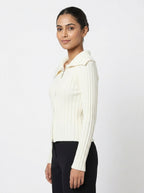 Cream Ribbed Full-Zip Knit Sweater with Collar