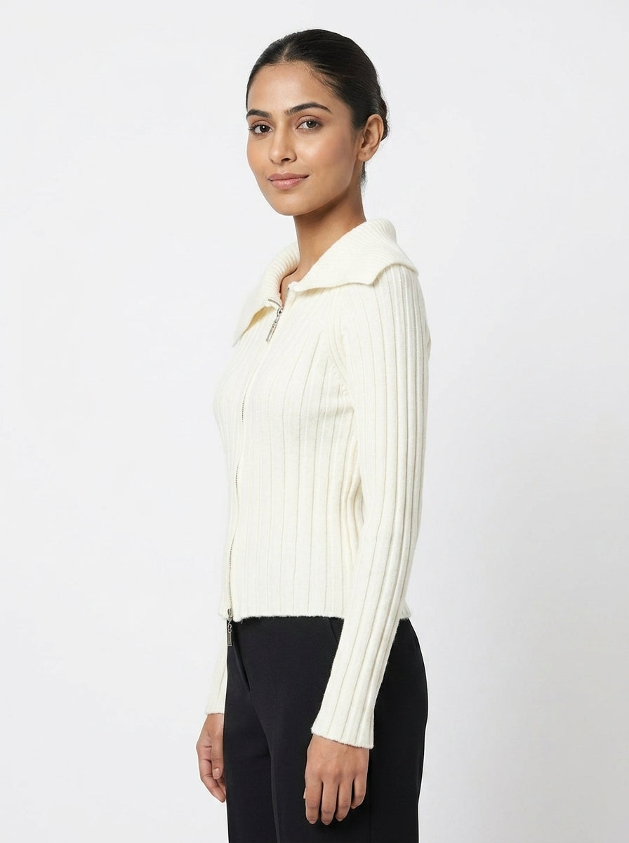 Cream Ribbed Full-Zip Knit Sweater with Collar